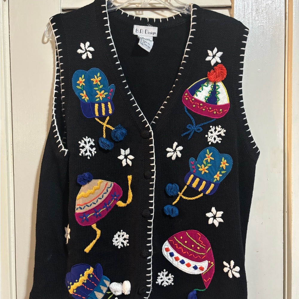 Black V-Neck Sweater with Colorful Embroidery